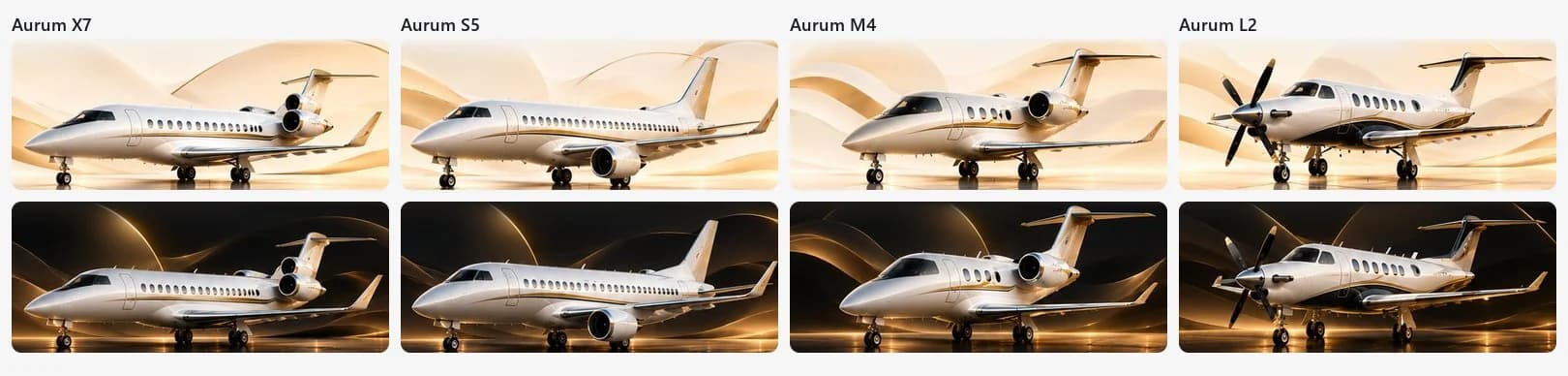 The four jet models of the fleet card, each in a Light version and a Dark version