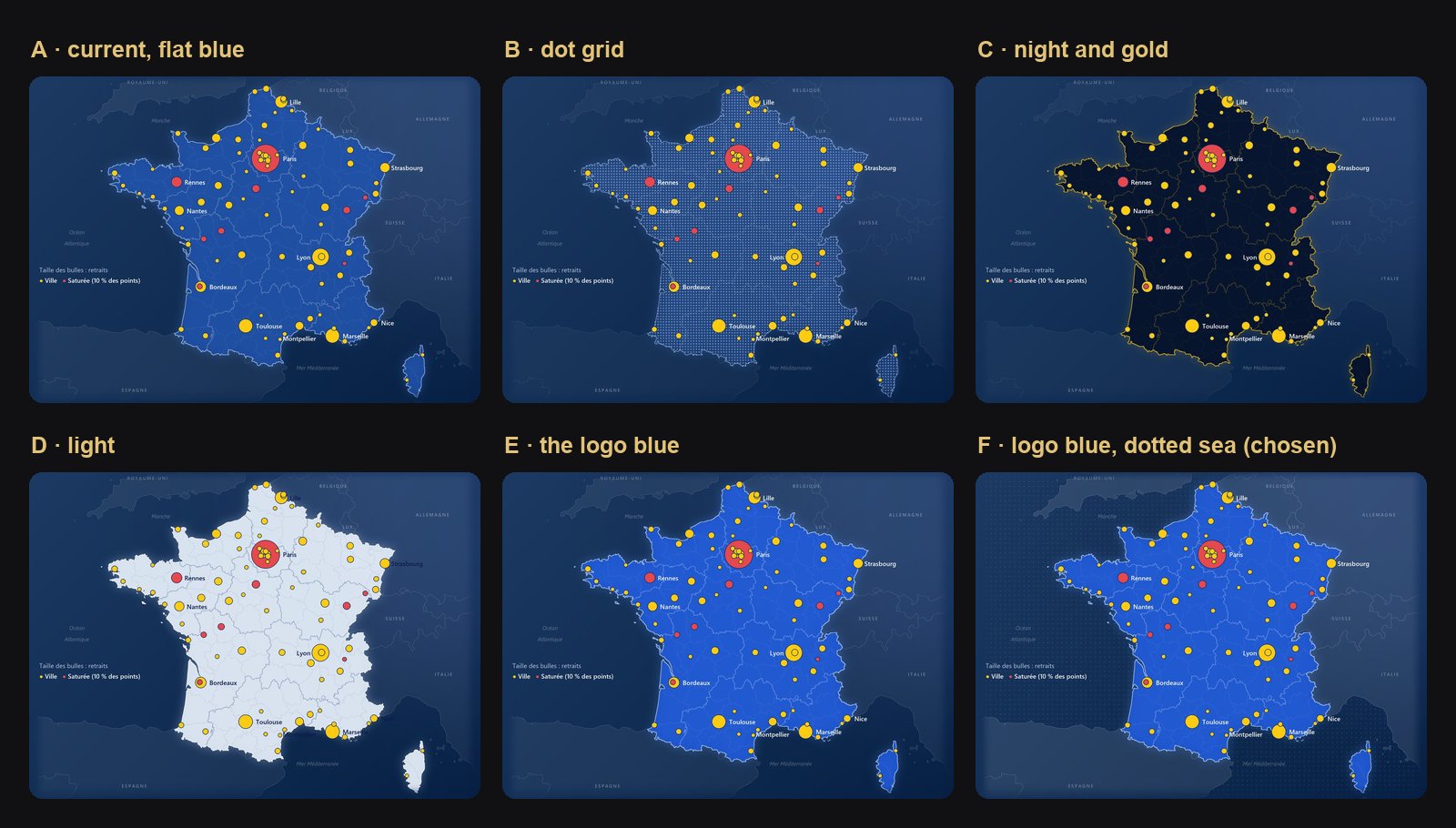 Six versions of the Colis Pro network map, labelled A to F: flat blue, dot grid, night and gold, light, the logo blue, and the logo blue with a dotted sea