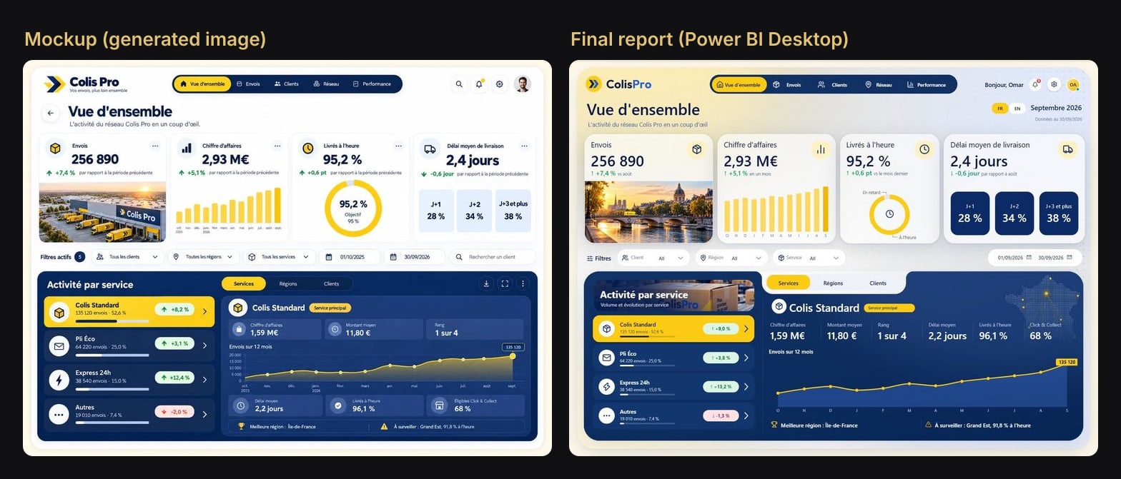 On the left, the AI-generated mockup of the Overview page. On the right, the final Colis Pro Overview rendered in Power BI Desktop.