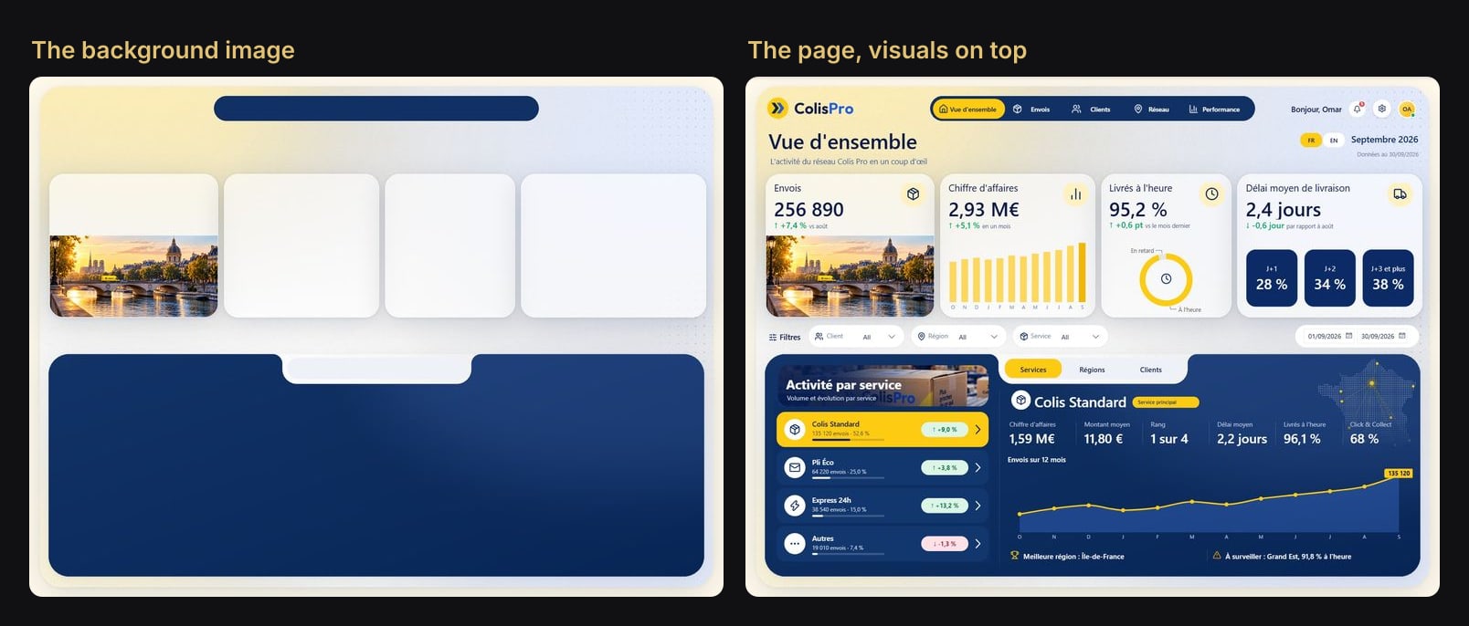 On the left, the background image alone. On the right, the same page with its visuals on top.