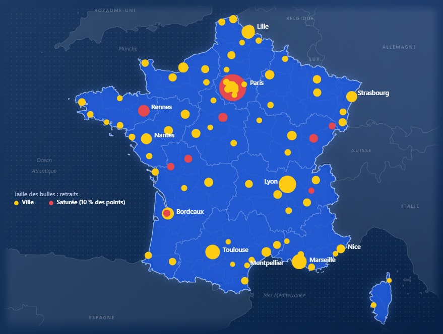 The network map: a scatter chart over a drawn map of France, bubbles sized by pickups, saturated points in red