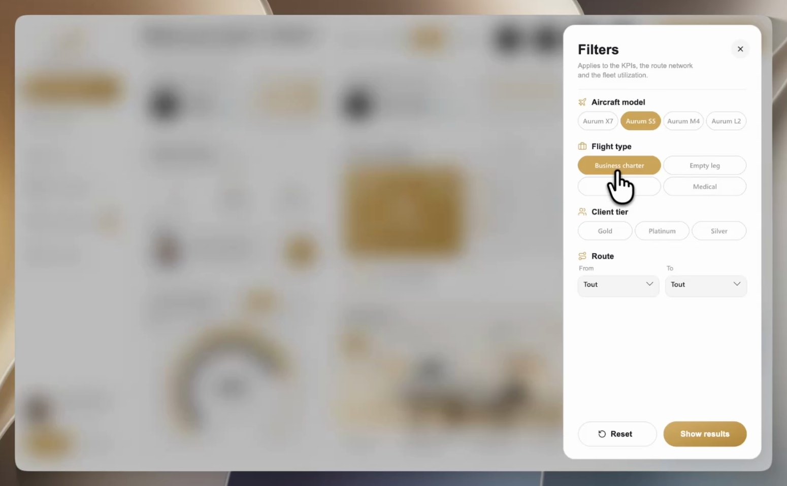 The filter drawer open over the blurred Dashboard, with Aurum S5 and Business charter selected