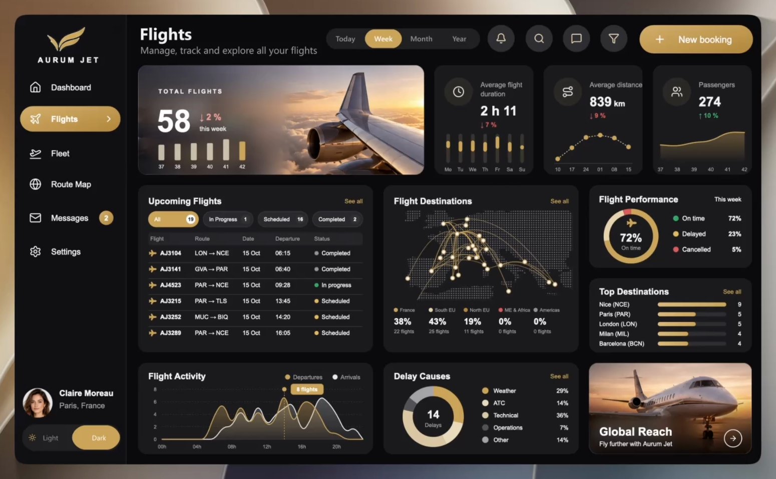 The Flights page in Dark mode: total flights over a photo, three KPIs, the upcoming flights list, the destinations map and the performance ring