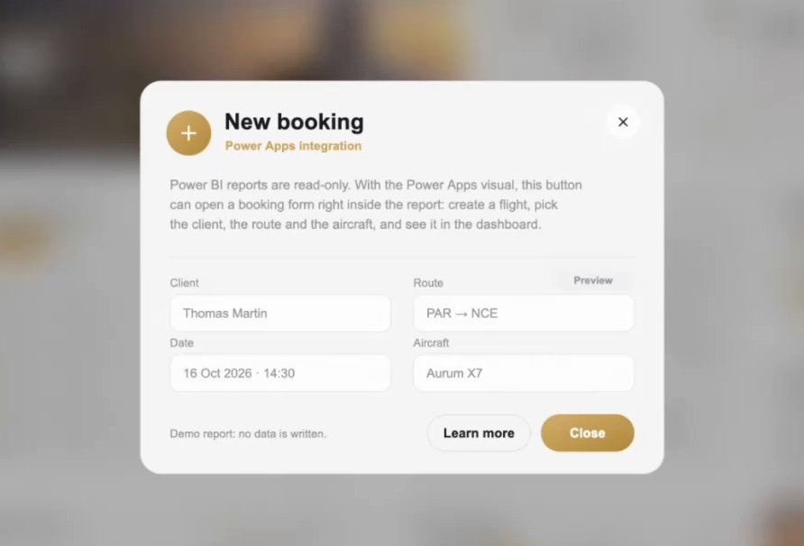 The New booking dialog: a short explanation of the Power Apps visual and a preview of the booking form