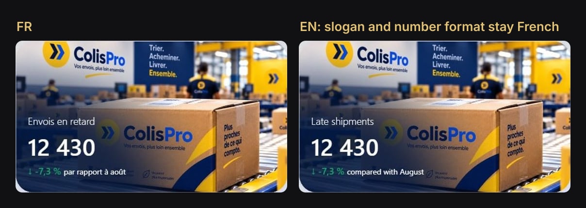 The late shipments tile in French and in English: the label and the comparison switch, the photo slogan and the number format stay French