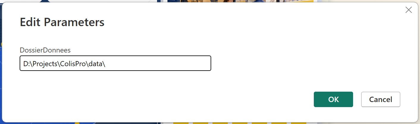 The Edit Parameters dialog of Power BI Desktop with DossierDonnees set to D:\Projects\ColisPro\data\