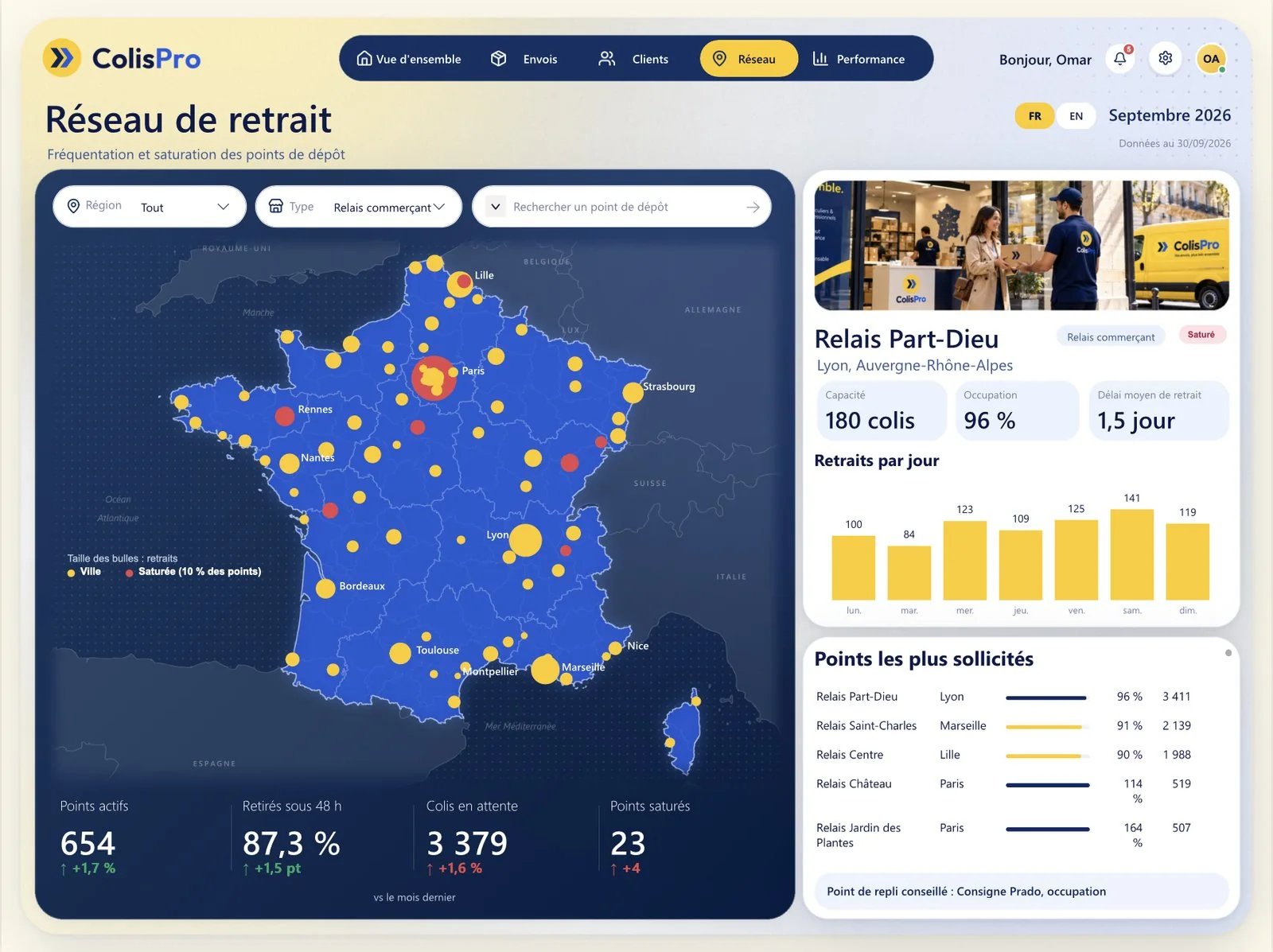 The Network page: a drawn map of France with a bubble per city and a pickup point sheet