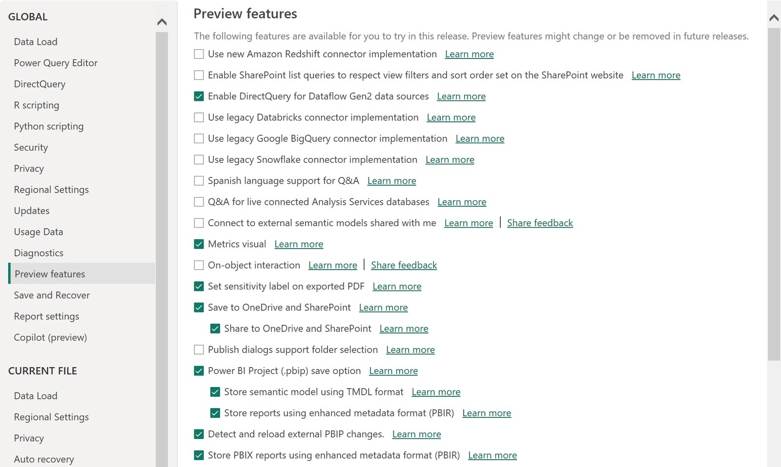 Power BI Desktop Options, Preview features: Power BI Project (.pbip) save option ticked, with Store semantic model using TMDL format and Store reports using enhanced metadata format (PBIR), and Detect and reload external PBIP changes