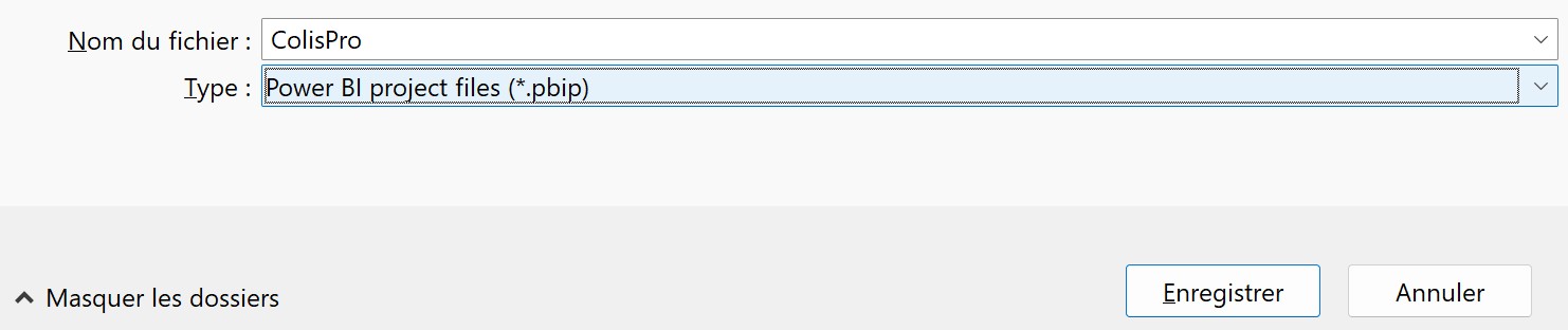 The Save as dialog with the file type set to Power BI project files (*.pbip)