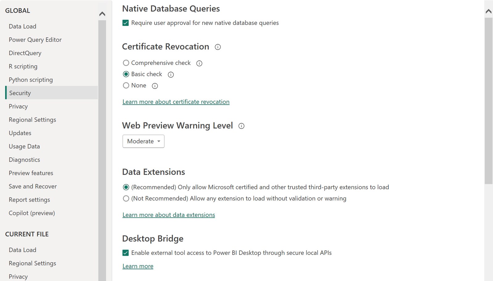 Power BI Desktop Options, Security section: under Desktop Bridge, Enable external tool access to Power BI Desktop through secure local APIs is ticked