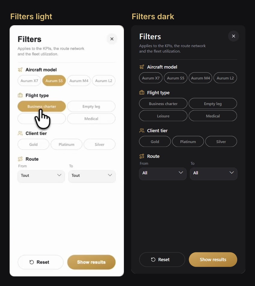 The two drawer pages: Filters light, white with gold selected pills, and Filters dark, black with the same layout