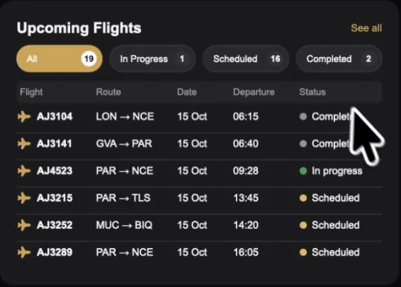 The Upcoming Flights card on the Flights page in Dark mode: a click on the In Progress tab paints it gold and the list keeps one flight, AJ4523 from PAR to NCE