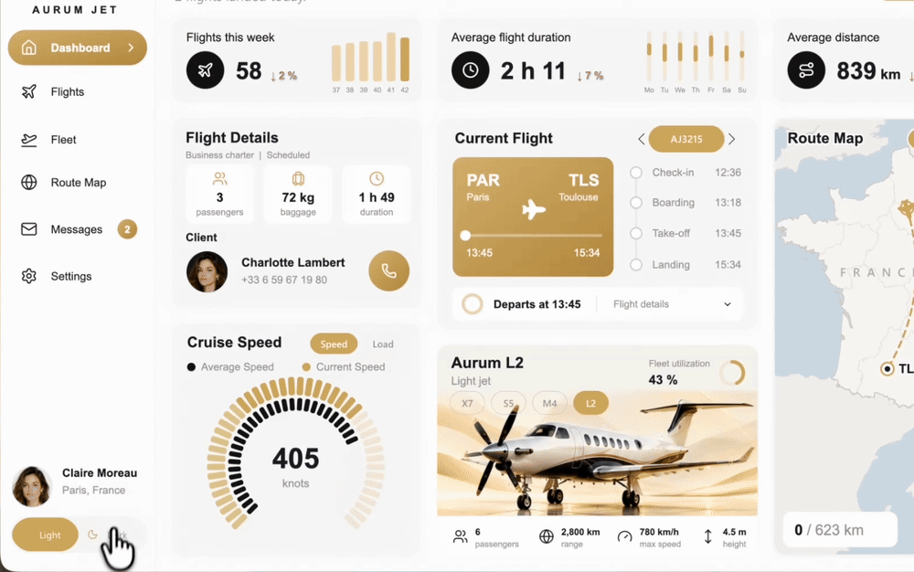 The Aurum Jet Dashboard in Light mode; a click on Dark turns the page, the cards, the charts, the gauge and the jet photo dark, and the drawings play their animations again