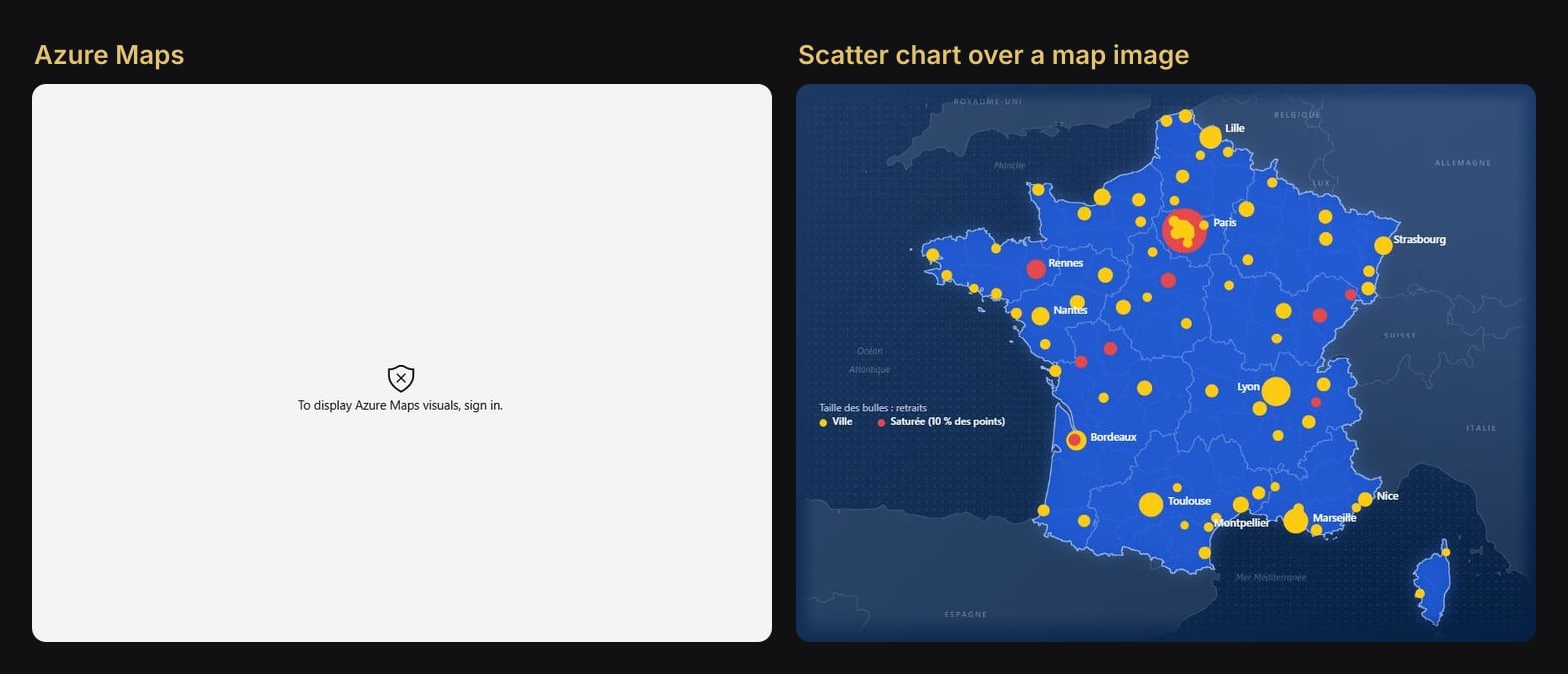 On the left, the Azure Maps visual shows only a sign-in message. On the right, the same rectangle holds a scatter chart of 87 cities over a drawn map of France.