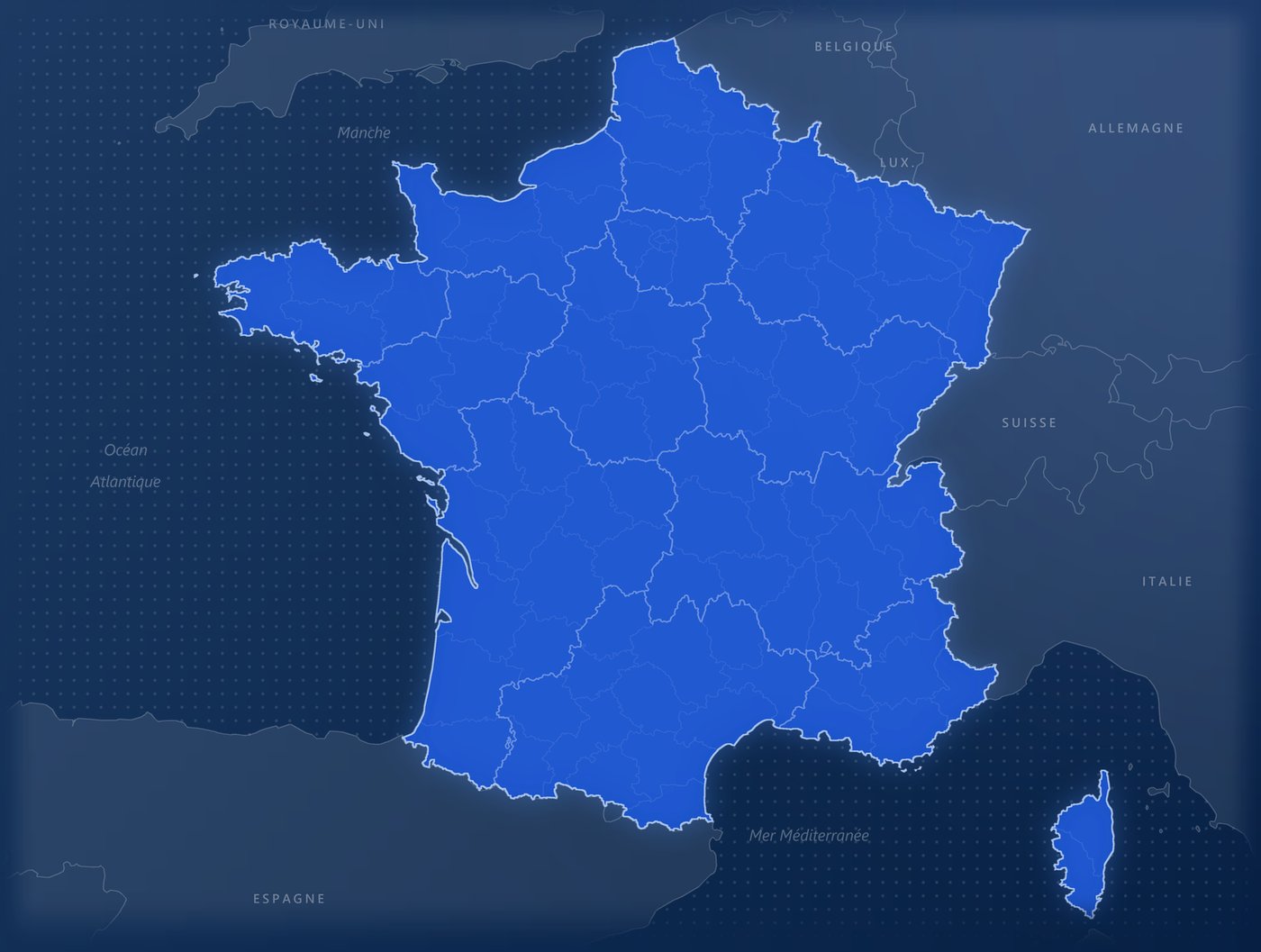 The map image alone: France in blue with its regions and departments, neighbouring countries and a dotted sea, country and sea names written in.