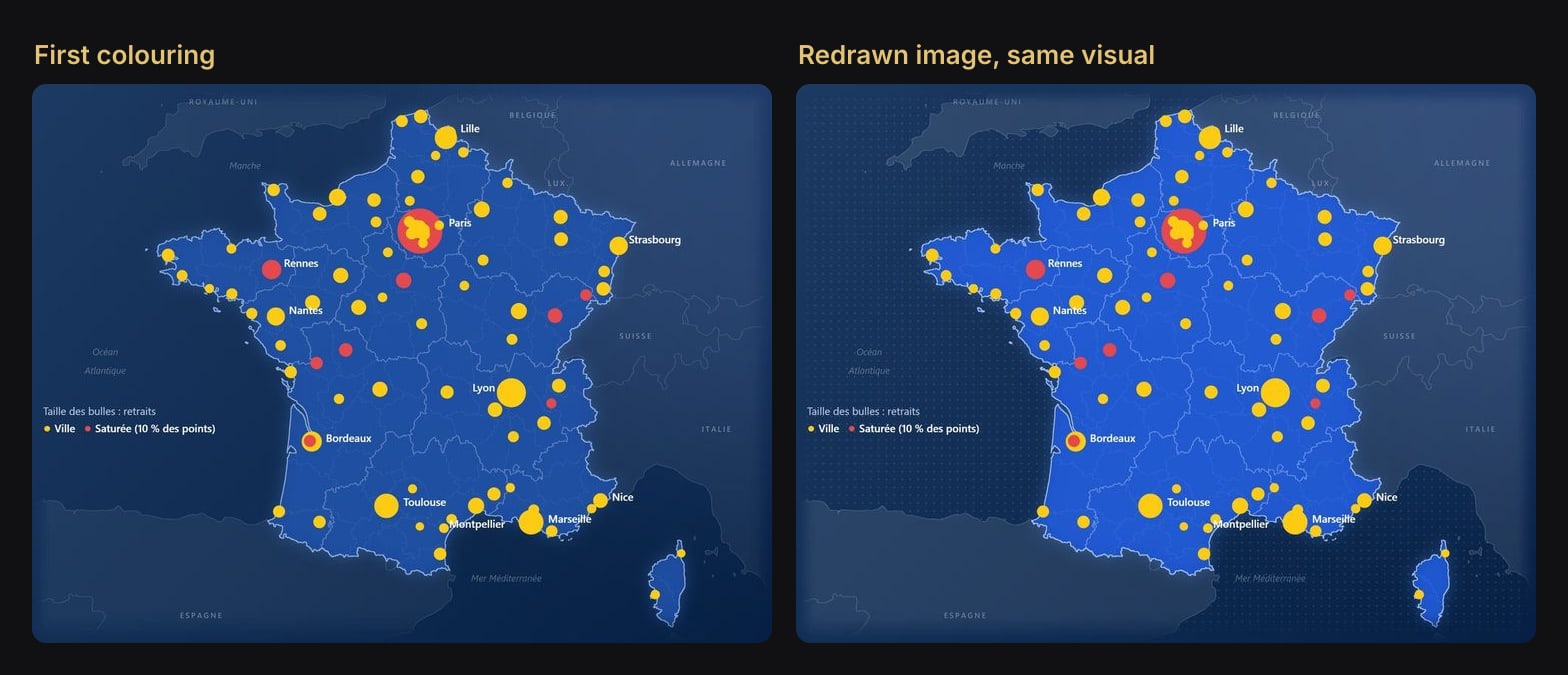 The same scatter chart over two versions of the map image: a darker blue France on the left, the brighter blue with a dotted sea on the right.
