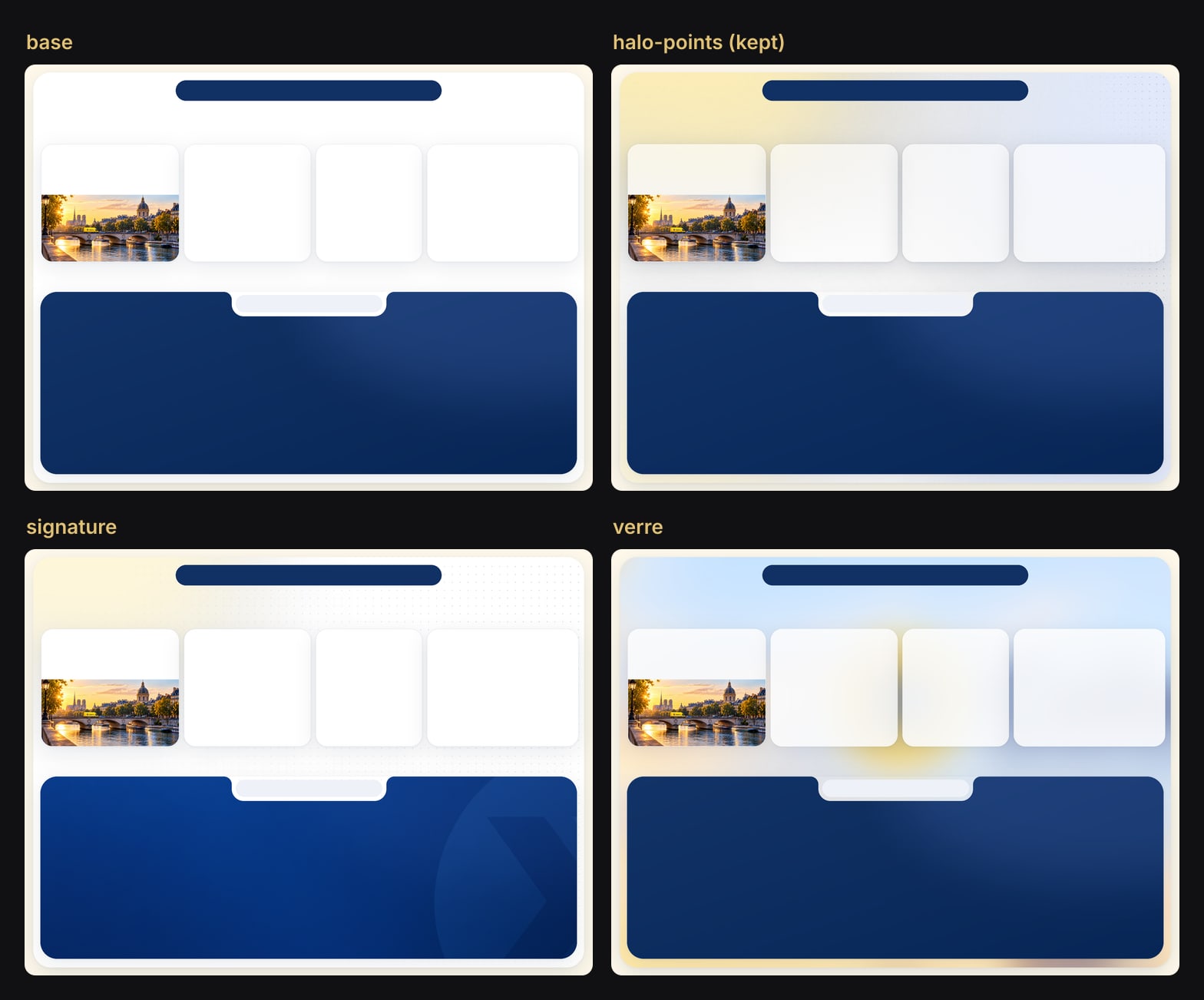 The Overview background in four styles: base with a plain white frame, halo-points with glows, grain and dots, signature with a dot grid and a chevron texture on the panel, and verre with a blurred photo behind glass cards.