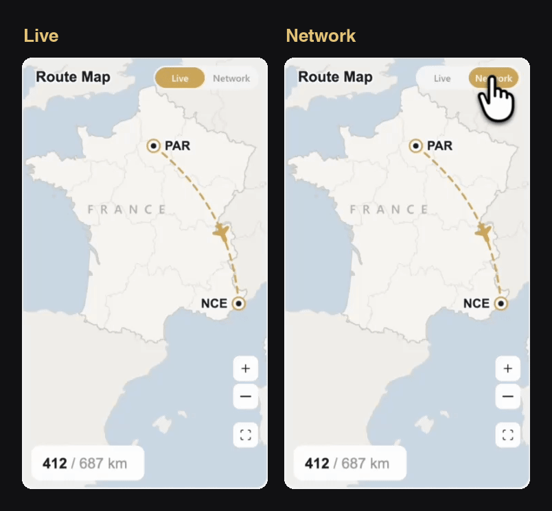 Two Route Map cards side by side: on the left the Live mode with the jet between PAR and NCE; on the right a click on Network draws the routes of the month as gold arcs, from the busiest to the rarest, then the airports and their names, with 88 routes and 132 flights in the pill at the bottom