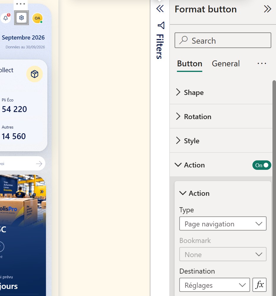 The gear button selected in the page header, and its Format button pane open on Action: type Page navigation, destination Réglages