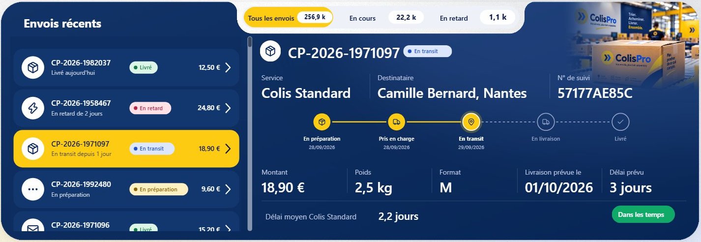 The shipments panel: the recent shipments list with CP-2026-1971097 in yellow, and the detail card of that same shipment with its timeline.